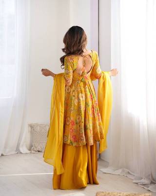 Yellow romansilk blend chanderi discharge print kediya style top plazzo dupatta 4