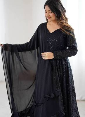 Black color lucknowi sequince thread work faux georgette anarkali set 5