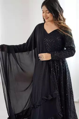 Black color lucknowi sequince thread work faux georgette anarkali set