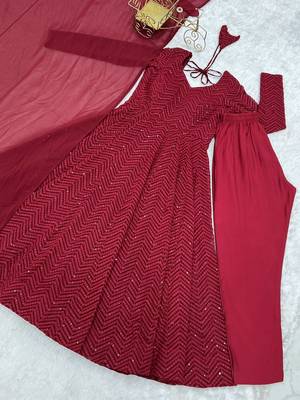 Maroon color lucknowi sequince thread work faux georgette anarkali set 5