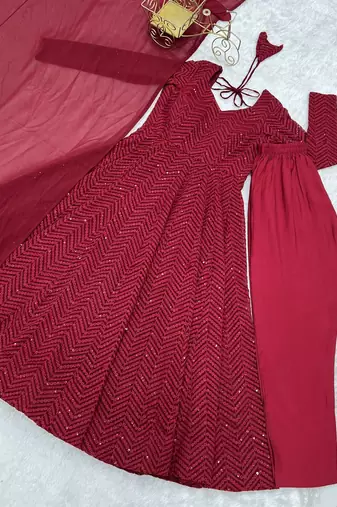 Maroon color lucknowi sequince thread work faux georgette anarkali set