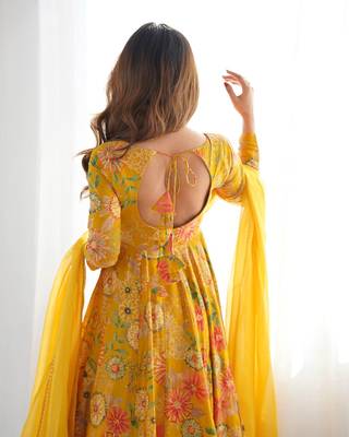 Yellow romansilk blend chanderi discharge print kediya style top plazzo dupatta 5