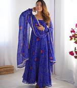 Royal blue color lightweight bandhej printed chiffon anarkali set