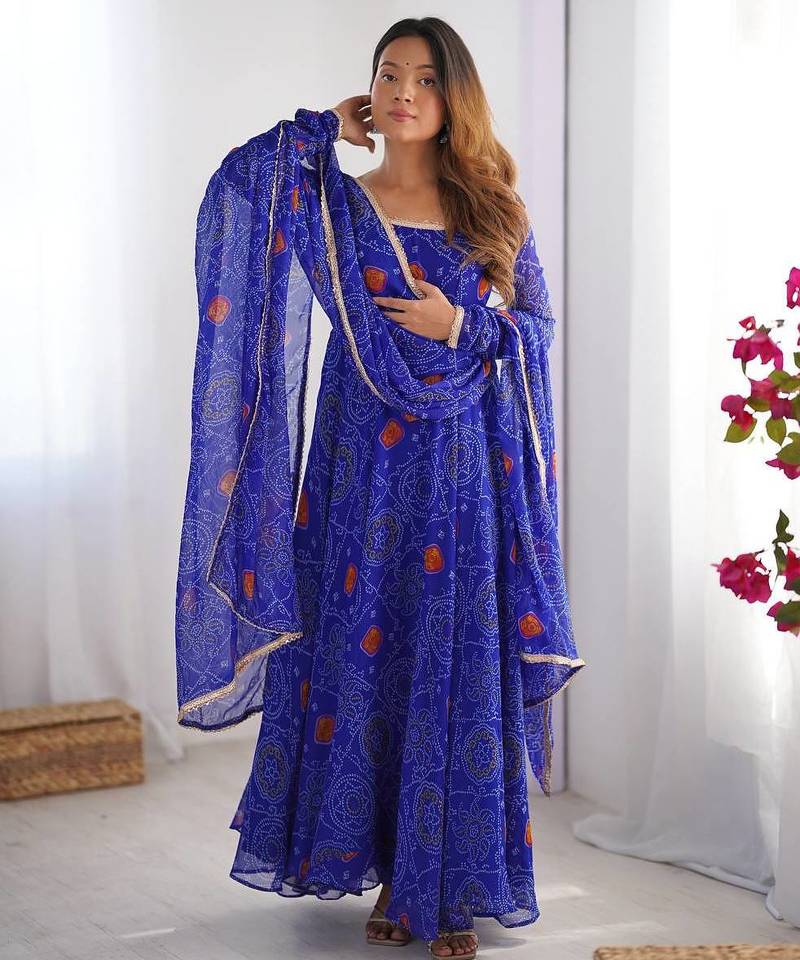 Royal blue color lightweight bandhej printed chiffon anarkali set