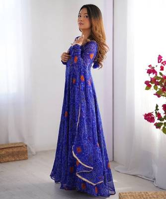 Royal blue lightweight bandhej printed chiffon anarkali set 2
