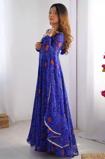 Royal blue color lightweight bandhej printed chiffon anarkali set