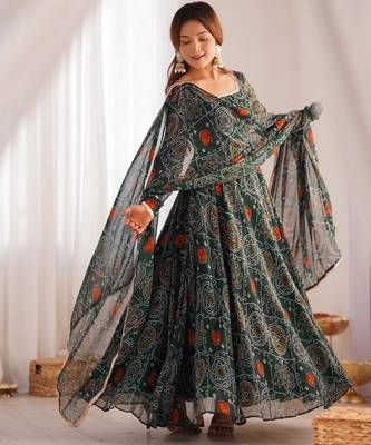 Green color lightweight bandhej printed chiffon anarkali set 1