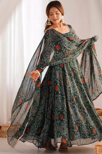 Green color lightweight bandhej printed chiffon anarkali set