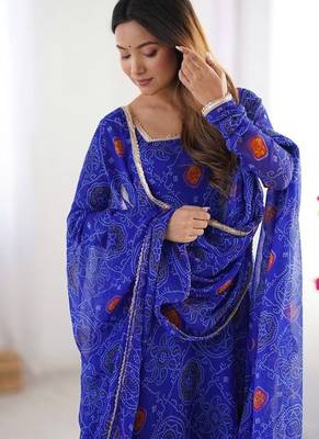 Royal blue lightweight bandhej printed chiffon anarkali set 3