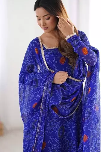 Royal blue color lightweight bandhej printed chiffon anarkali set