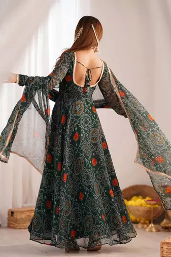 Green color lightweight bandhej printed chiffon anarkali set
