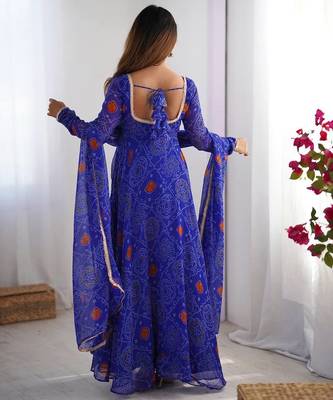 Royal blue lightweight bandhej printed chiffon anarkali set 4