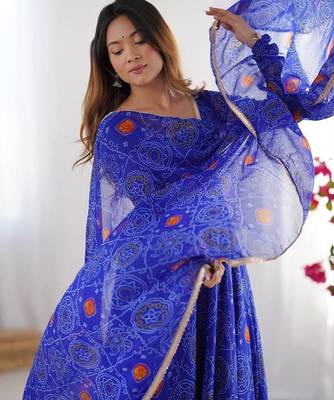 Royal blue lightweight bandhej printed chiffon anarkali set 5