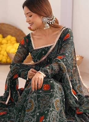 Green color lightweight bandhej printed chiffon anarkali set 3