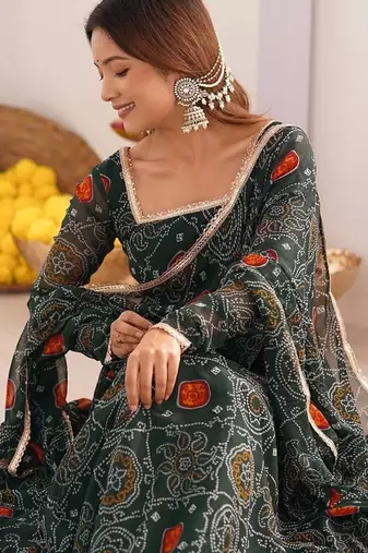 Green color lightweight bandhej printed chiffon anarkali set