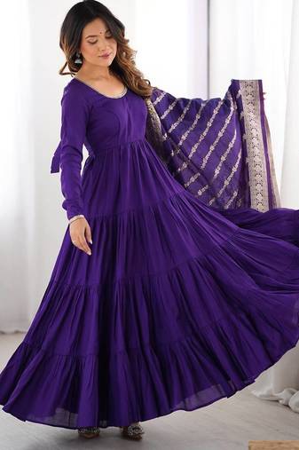 Purple color solid romansilk chanderi anarkali set
