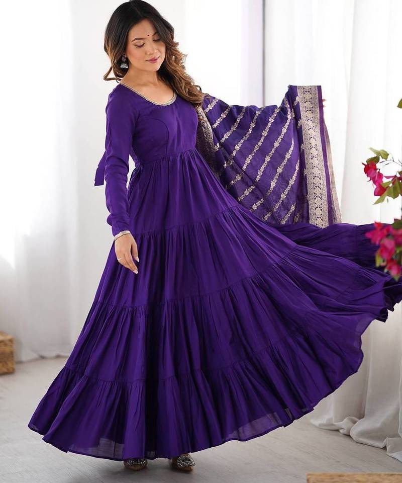 Purple color solid romansilk chanderi anarkali set