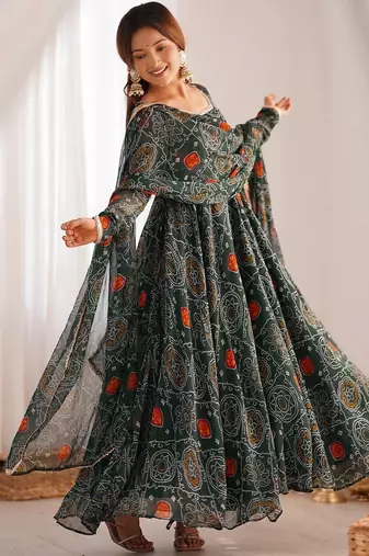 Green color lightweight bandhej printed chiffon anarkali set