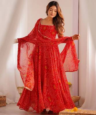 Red color lightweight bandhej printed chiffon anarkali set 1