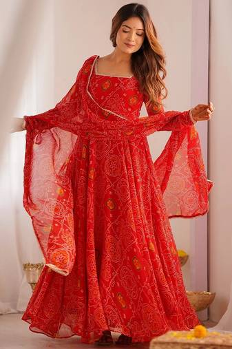 Red color lightweight bandhej printed chiffon anarkali set