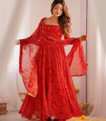 Red color lightweight bandhej printed chiffon anarkali set
