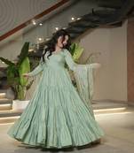 Pista color solid romansilk chanderi anarkali set