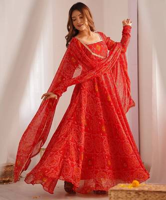 Red color lightweight bandhej printed chiffon anarkali set 2