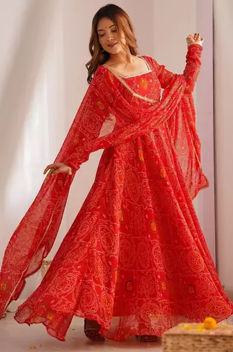 Red color lightweight bandhej printed chiffon anarkali set