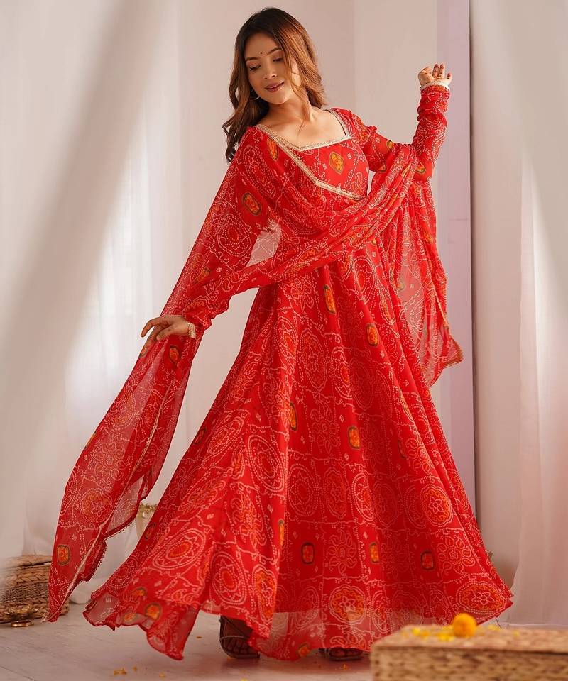 Red color lightweight bandhej printed chiffon anarkali set
