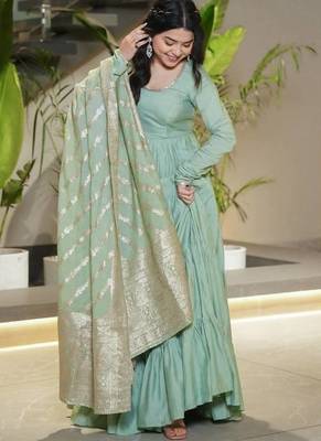 Pista color solid romansilk blend chanderi anarkali set 2