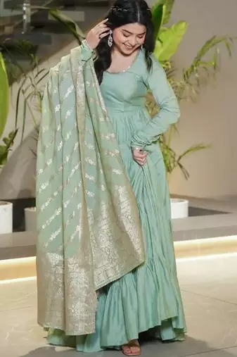 Pista color solid romansilk blend chanderi anarkali set