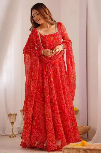 Red color lightweight bandhej printed chiffon anarkali set