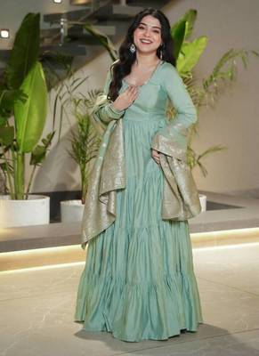 Pista color solid romansilk blend chanderi anarkali set 3