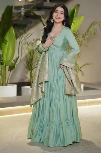 Pista color solid romansilk blend chanderi anarkali set