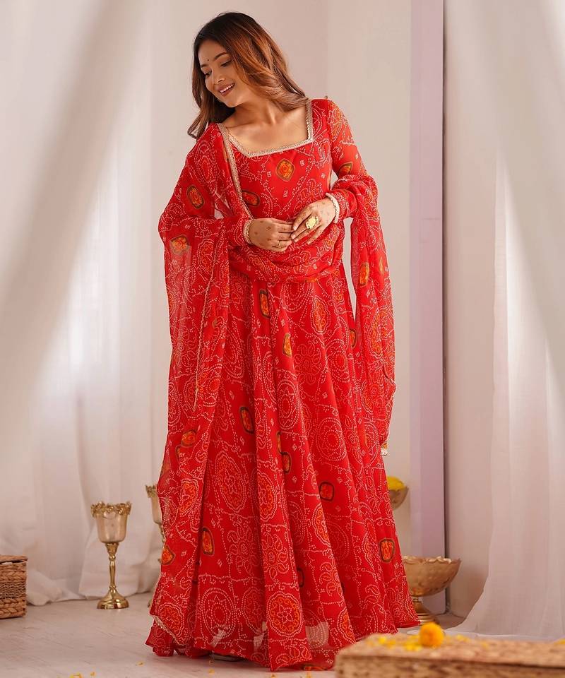 Red color lightweight bandhej printed chiffon anarkali set