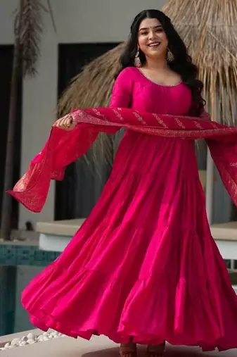 Pink color solid romansilk chanderi anarkali set