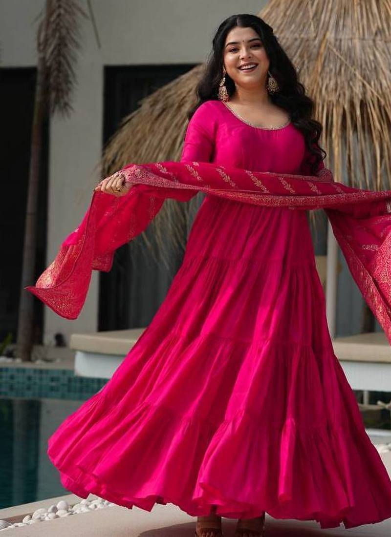 Pink color solid romansilk chanderi anarkali set