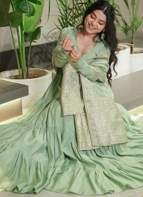 Pista color solid romansilk blend chanderi anarkali set 5