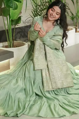 Pista color solid romansilk blend chanderi anarkali set