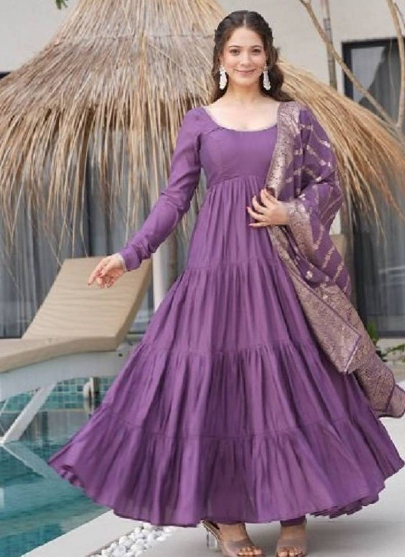 Onion color solid romansilk chanderi anarkali set