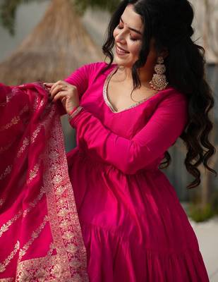 Pink color solid romansilk blend chanderi anarkali set 4