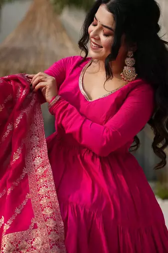 Pink color solid romansilk blend chanderi anarkali set