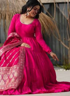 Pink color solid romansilk blend chanderi anarkali set 5