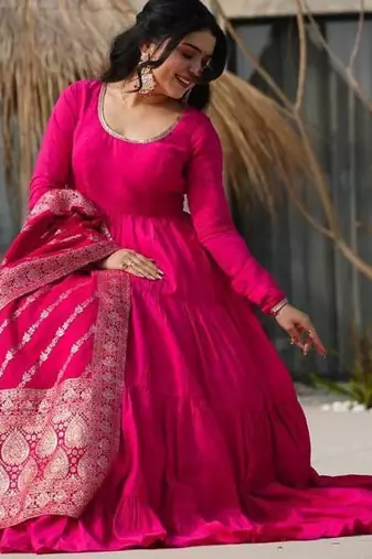 Pink color solid romansilk blend chanderi anarkali set