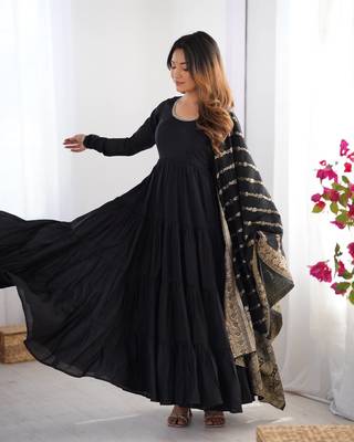Black color solid romansilk blend chanderi anarkali set 1