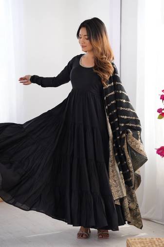 Black color solid romansilk chanderi anarkali set