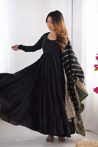 Black color solid romansilk chanderi anarkali set