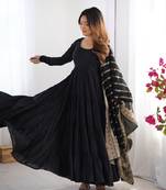 Black color solid romansilk chanderi anarkali set