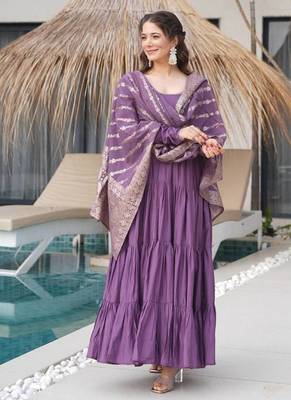 Onion color solid romansilk blend chanderi anarkali set 4