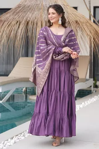 Onion color solid romansilk blend chanderi anarkali set